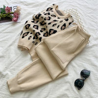 SMTHMA Womens Long Sleeve Knit Leopard Pullover Sweaters Elastic Waist Pants Sets Fashion Trousers Two Pieces Costumes Outfit