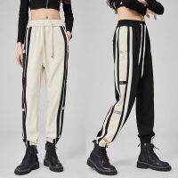 CODkecanm8 Sports pants womens stitching side striped pants drawstring loose plus size casual hip-hop leggings