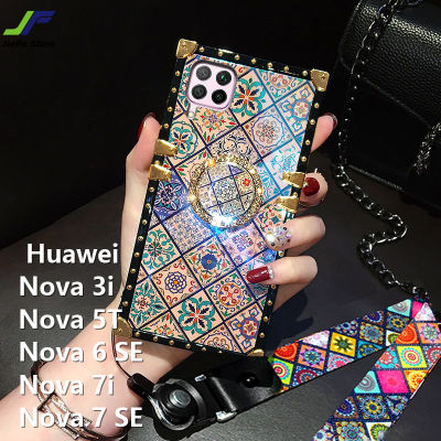 JieFie สำหรับ Huawei Nova 3i Nova 5T Nova 6 SE Nova 7i Nova 7 SE Blu-Ray สไตล์ชาติพันธุ์เคสโทรศัพท์ Luxury Square กันกระแทกฝาหลัง + ขาตั้งโทรศัพท์และเชือกเส้นเล็ก