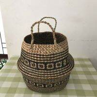 Chrysanthemum Pattern Seaweed Woven Basket Handle Flower Basket Plant Decoration Ornament Woven Laundry Basket Wicker Basket