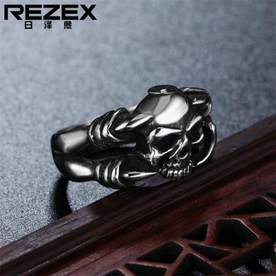 REZEX เครื่องประดับแหวนเหล็กไทเทเนียมหัวหัวกระโหลกย้อนยุค