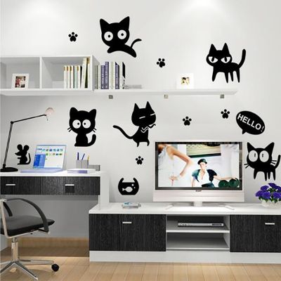 [COD] Fashion creative wall stickers new cartoon childrens room bedroom black cat AY6055 kitten