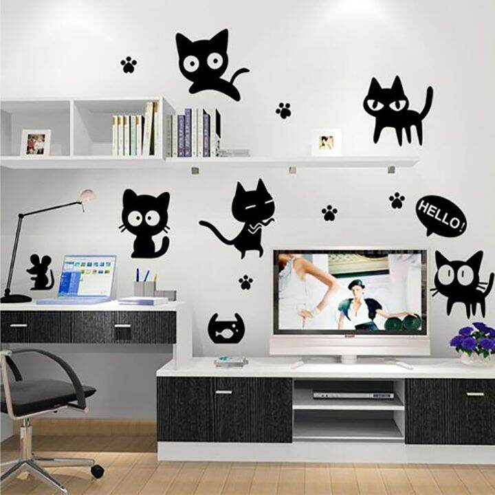 cod-fashion-creative-wall-stickers-new-cartoon-childrens-room-bedroom-black-cat-ay6055-kitten