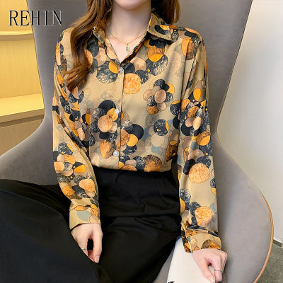 REHIN ผู้หญิงฤดูใบไม้ร่วงใหม่ Fashionfloral พิมพ์เสื้อแขนยาว Lapel เสื้อหรูหรา