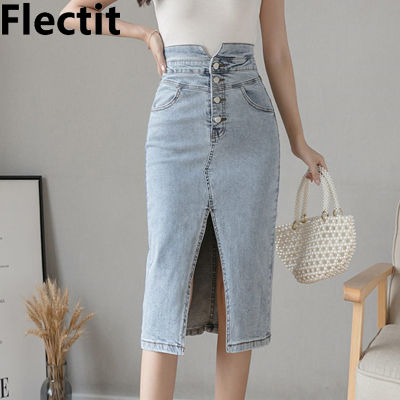 Flectit Vintage Women Denim Midi Skirt Saia Jeans Split Front Mid-Calf Length Buttoned High Waist Fitted Jean Skirt *