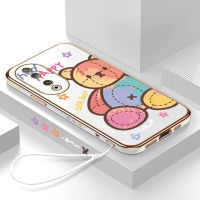 เคสสำหรับ Honor โทรศัพท์90 5G 90 Lite 5G สีฟรีสายคล้องตุ๊กตาการ์ตูนหมีขอบสี่เหลี่ยมเคสโทรศัพท์ชุบหรูหราชุบเคสโทรศัพท์นิ่ม