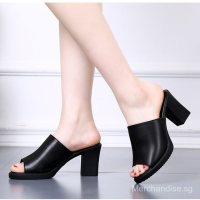 Soft Leather Chunky Heel Slippers Womens High Heel Fish Mouth Slippers Non-Slip Outer Wear Single-Strap Slipper