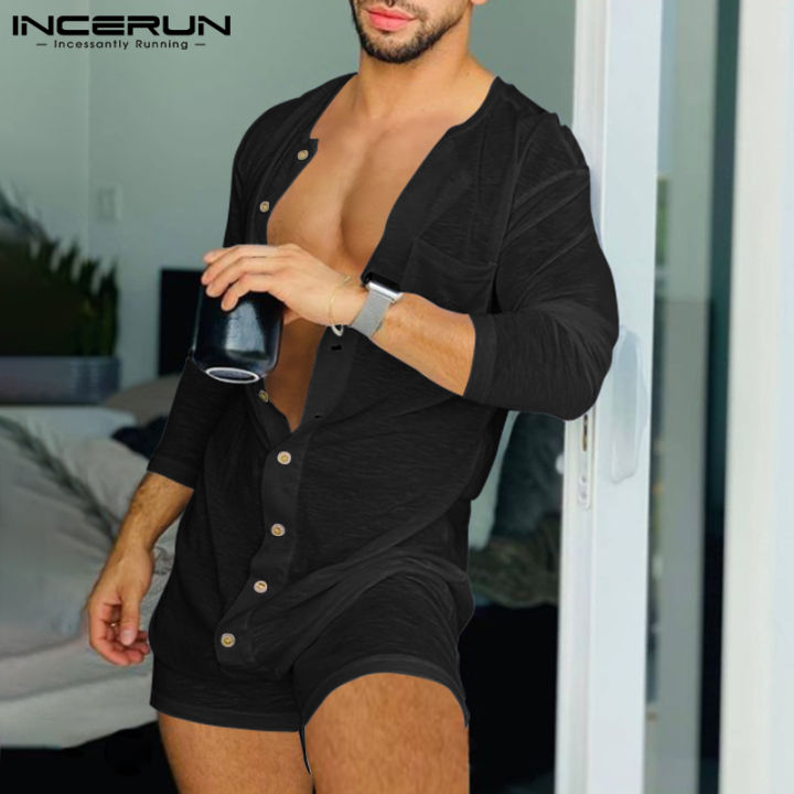 homewear-incerun-แขนยาวสำหรับผู้ชาย-leotard-ดูผ่านกางเกงขาสั้น-jumpsuit-ปุ่ม-t-เสื้อ-playsuit