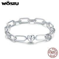 WOSTU สร้อยข้อมือแบบหนีบกระดาษสีเงินรูปหัวใจ925เงินสเตอร์ลิงสร้อยข้อมือโซ่สำหรับเป็นของขวัญเครื่องเพชรงานหมั่นผู้หญิง CQB202