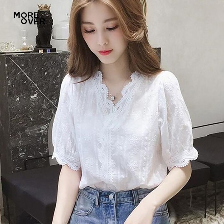 women-blouse-lace-hollow-korean-top-sweet-loose-blouse-white-shirts-women-v-neck-blouse-half-sleeves-solid-blouse-tops-cotton-shirts