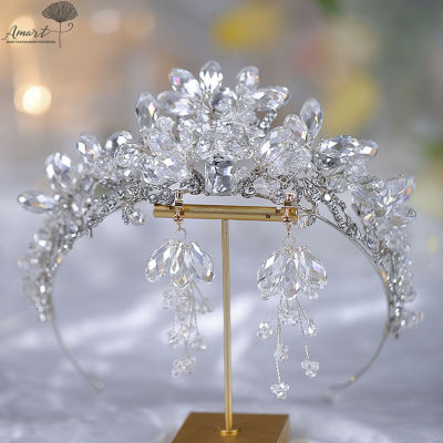 Amart แก้วคริสตัลมงกุฎ Tiaras และหูห้อยสำหรับผู้หญิงเงาเจ้าหญิงผ้าโพกศีรษะชุดปรับขนาดเครื่องประดับทำด้วยมืออุปกรณ์จัดแต่งทรงผมผมห่วงสำหรับเจ้าสาวพรรค