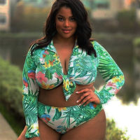 S-5XL Plus Size Swimsuit Two Piece Swimwear Women Leaf Print Monokini High Waist Bathing Suit  Summer Long Sleeve Beachwear