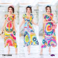 B13066 แม็กซี่เดรสคอวีแขนตุ๊กตาพิมพ์มัดย้อม + สายผูกเอว V-neck maxi dress, doll sleeves, tie-dye print + waist sash