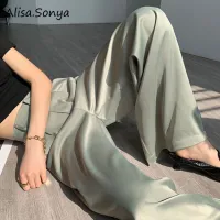 Alisa.Sonya Women Wide Leg Palazzo Pants High Waist Suit Elegant Formal Trousers Straight For Office Lady PLS SIZE UP GIRLS