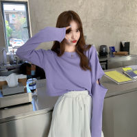 crop top harajuku Solid t Shirt for Women Spring Autumn loose short T-Shirt Korean O-neck Hole Long Sleeve T-shirts purple tops