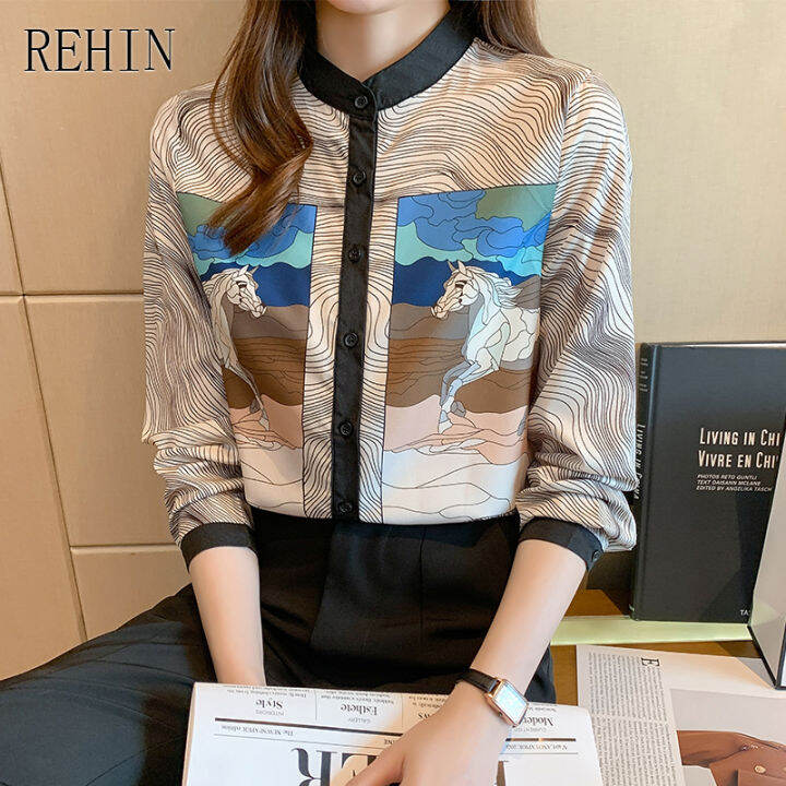 rehin-ของผู้หญิงฤดูใบไม้ร่วงใหม่ลำลองชนยืนปกเสื้อแขนยาวซอกพิมพ์เสื้อหรูหรา