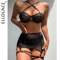 (Xianle Clothing) Ellolace Sensual Lingere ผ้าพันคอแปลกใหม่พร้อมถุงน่องโปร่งใส Bra Intimate Hard ผู้หญิง3ชิ้นสีดำแฟนซีชุดชั้นใน