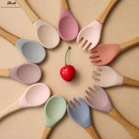 1set Baby Wooden Handle Silicone Spoon Fork Set 100 Food Grade Silicone BPA Free Feeder Baby Training Tableware