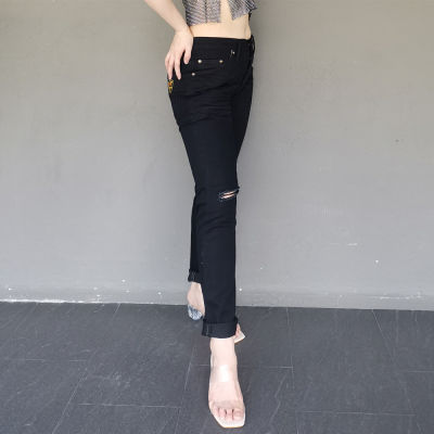 Golden Zebra Jeans กางเกงยีนส์หญิงขาเดฟผ้ายืดสีดำสะกิดขาดไซส์เล็กไซส์ใหญ่
