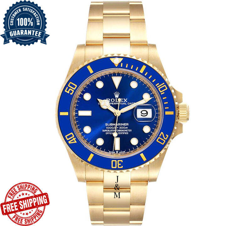 Rolexs Automatic Submariner Gold Strap Blue Bezel And Dial Watch Luxury