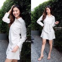 B12423 เดรสเชิ๊ตแขนยาว เอวรูดเชือกผูกโบว์ long sleeve dress shirt waist drawstring bow tie