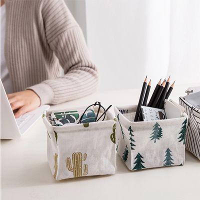 SUHE Desktop Square Storage Box Canvas Linen Mini Cute Storage Fabric Basket
