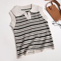 【 WYIN kitchen】 Striped Knitted Tank Top Women Summer 2023 Vintage Turn Down Collar Sleeveless Slim Chic Tanks Ladies Casual Crop