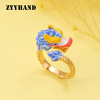 Golden Enamel Dragon Adjustable Women Rings Glazed Copper Hand Draw Free Size Real Gold-Plated Finger Ring Jewellery