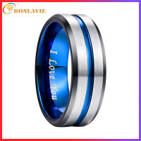BONLAVIE Mens 8mm Tungsten Carbide Ring Blue &amp; Black Matte Finish Beveled Edge Wedding Band Size 6 to 14