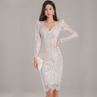 2022 Spring New Fashion Korean Style Ladies Temperament Mid-length Slim Lace Fashion Bag Hip Bottoming Dress