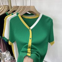 Green Shirt Women Short Sleeve Knitted Blouse Korean Style Summer Fashion Slim V Neck Tops