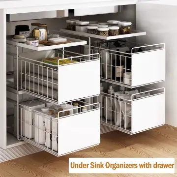 1 PC under Sink Organizers and Storage Double-Tier Double Sliding Pull-out  Drawer, Under the Sink Organizer Kitchen Multi-purpose Under Bathroom Sink Shelf  Storage Rack for Cabinet -White