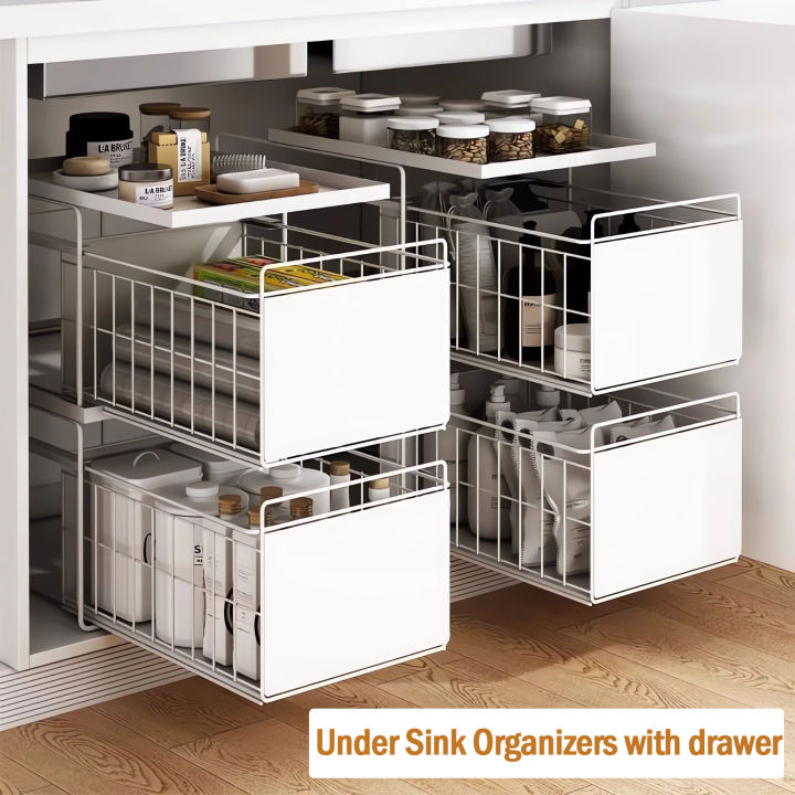 Set of 2 Metal Under Sink Organizer Sliding Storage Drawer Baskets for  Bathroom