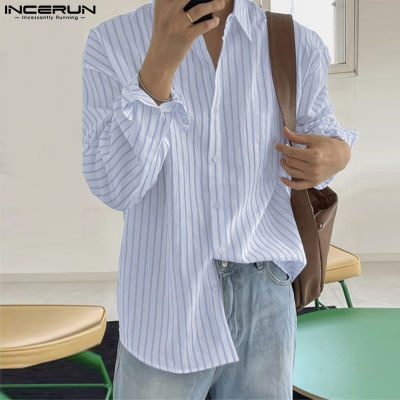 INCERUN เสื้อลายทางแขนยาวสำหรับผู้ชายเสื้อจับจีบพื้นผิวแบบลำลอง (สไตล์เกาหลี)