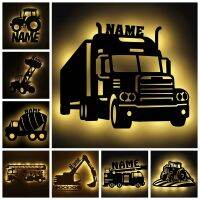 hyfvbujh⊙♞☸ Children Kids Baby Night Bedroom Personalized Name Engineering Car Vehicle/Tractor/Fire Truck USB Wall Lamp