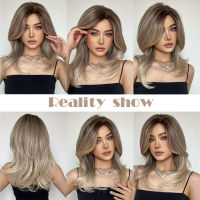 องค์ประกอบร้อนวิกผมสังเคราะห์ขนาดกลางผมหยัก Ombre สีน้ำตาลสีบลอนด์วิกผมสำหรับผู้หญิงทุกวันพรรคเย็นทนความร้อนระบายอากาศคาดศีรษะ