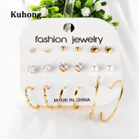 Kuhong 9 คู่/เซ็ตผู้หญิงคริสตัลเพิร์ล Hoop STUD ชุดต่างหูอินเทรนด์หัวใจรอบหูต่างหู