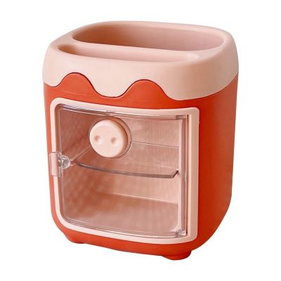 Cartoon Piggy Storage Box with Pencil Holder Compact Storage Organizer Plastic for Bathroom Office Dorm Desk Countertop
