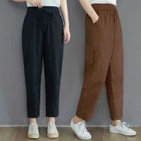 【มีไซส์ใหญ่】Plus Size Womens Elastic Waist Casual Spring Summer Pants Solid Color Slim Cotton&amp;Linen Trousers