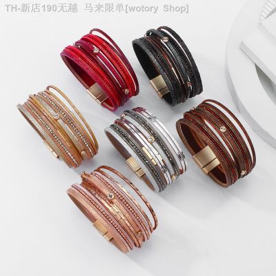 【CW】﹍◈  Amorcome Multilayer Round Stud Wrap Leather Woman Boho Wide Braided Magnetic Buckle Cuff Bangle Pulsera