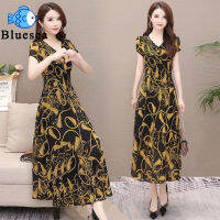 Women Dresses Soft Short-sleeved Floral Printed Dress V-neck Mid-length PulloverIrregular High-waisted A-line Dress