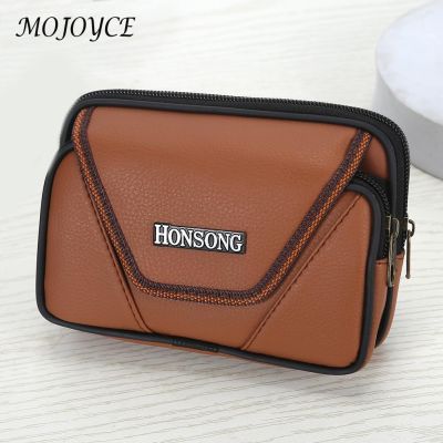 Vintage Men Wallet Casual Soft PU Leather Temperament Double Layers Waist Packs Mini Coin Purse Solid Color Square Pouch
