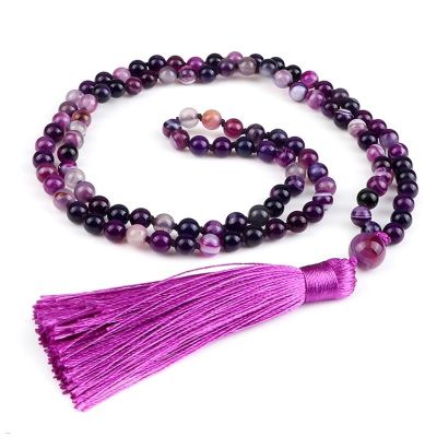 Natural Striped Agates Stone Necklace Handmade Elastic Knotted 108 Mala Beads Purple Tassel Yoga Necklaces for Women Men Jewelry