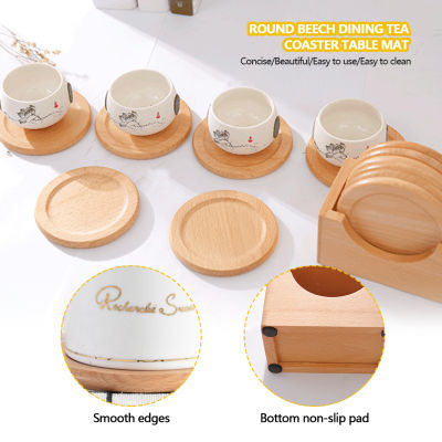 New 6pcs Coaster Set Coffee Cups Mat Beech Wood Durable Tablemats Drinking Glasses Placemat Cork Cup Stand Cafe Bar Accessoires