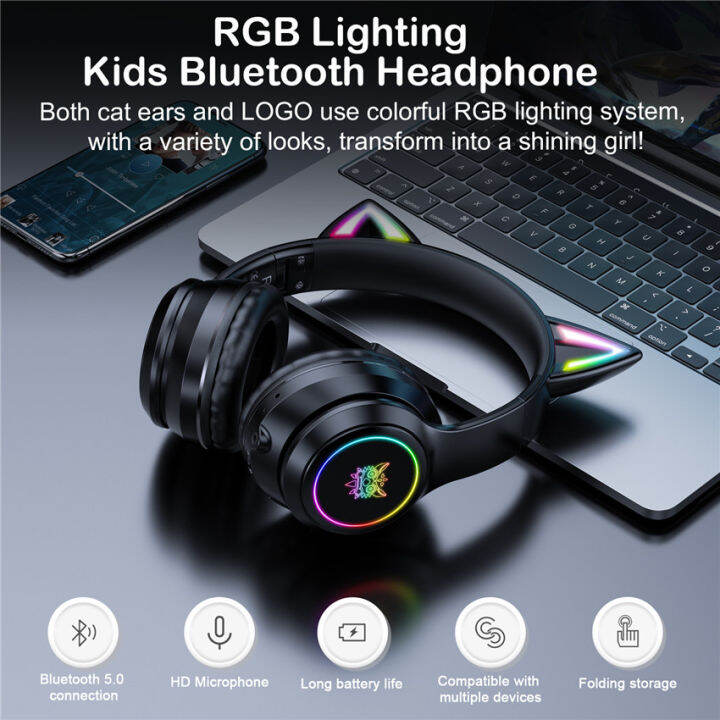 Onikuma B90 RGB Cat Ear Bluetooth Headphone Wireless Gaming Headset with Noise Cancellation
