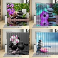 Zen Stone With Hooks Bathroom Curtains Bamboo Purple Flower Candle Printing Bathtub Decor Waterproof Shower Curtain Screen