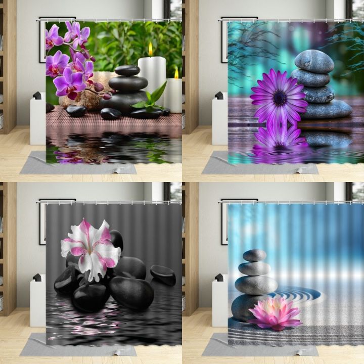 zen-stone-with-hooks-bathroom-curtains-bamboo-purple-flower-candle-printing-bathtub-decor-waterproof-shower-curtain-screen