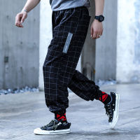 ENSHADOWER 18AW ผู้ชายลายสก๊อตหลวมตรงกีฬากางเกงลำลองกางเกง Streetwear แฟชั่น