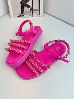 Out of the UK factory blood loss tail goods show white Barbie powder PU soft bottom thin strap Roman sandals metal chain thick bottom sandals 【QYUE】