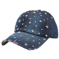 HOT★แฟชั่นผู้หญิงเบสบอลหมวกBlingดาวRhinestoneหมวกDenimปรับได้Jean SnapbackหมวกDistressed Brim